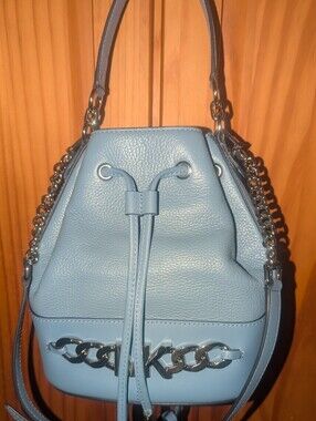 Michael Kors Devon  Blue Leather Drawstring Bucket Bag With Silver Hardware